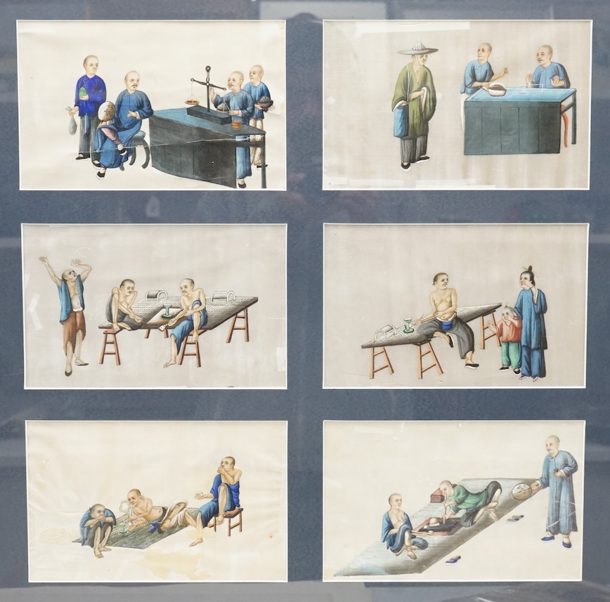 Late 19th / early 20th century, Chinese School, set of six pith paper paintings, Interior scenes with figures, each 15 x 24cm, paper in poor condition
